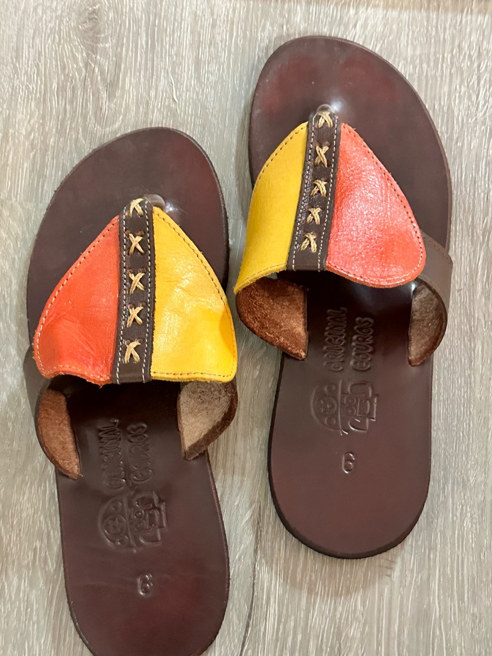 Colorblock Leather Slide Sandals in Orange, Yellow & Brown